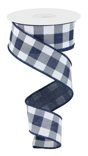 Plaid Check Wired Ribbon : Navy Blue, White - 1.5 Inches x 10 Yards (30 Feet)