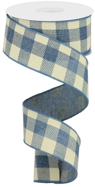 Plaid Check Wired Ribbon : Faded Denim Blue, Ivory - 1.5 Inches x 10 Yards (30 Feet)