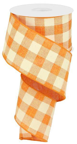 Plaid Check Wired Ribbon : Orange Ivory - 1.5 Inches x 10 Yards (30 Feet)