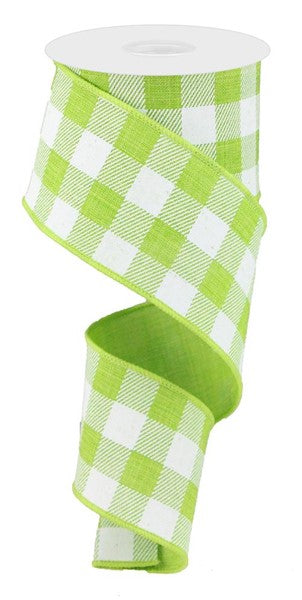 Plaid Check Wired Ribbon : Lime Green, White - 2.5 Inches x 10 Yards (30 Feet)