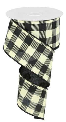 Plaid Check Wired Ribbon : Black Ivory - 2.5 Inches x 10 Yards (30 Feet)