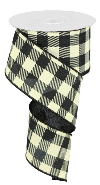 Plaid Check Wired Ribbon : Black Ivory - 2.5 Inches x 10 Yards (30 Feet)