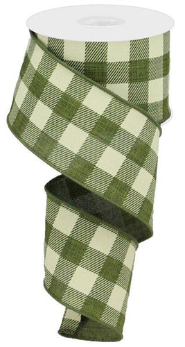 Plaid Check Wired Ribbon : Moss Green Ivory - 2.5 Inches x 10 Yards (30 Feet)