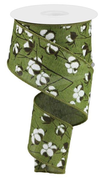 Cotton Pods Wired Ribbon : Moss Green White - 2.5 Inches x 10 Yards (30 Feet)