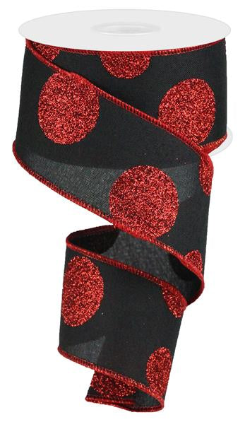 Polka Dot Wired Ribbon : Black and Red Christmas - 2.5 Inches x 10 Yards (30 Feet)