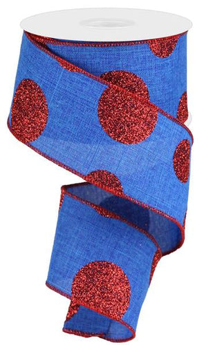 Polka Dot Glitter Wired Ribbon : Royal Blue Red - 2.5 Inches x 10 Yards (30 Feet)