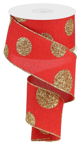 Glitter Multi Dots Royal Wired Ribbon : Red, Gold - 2.5 Inches x 10 Yards (30 Feet)