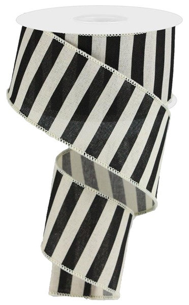 Medium Horizontal Black Striped Wired Ribbon : Cream Ivory - 2.5 Inches x 10 Yards (30 Feet)