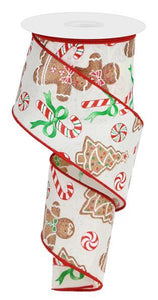 Gingerbread Candy Cane Christmas Wired Ribbon : Ivory Red Emerald Brown - 2.5 Inches x 10 Yards (30 Feet)