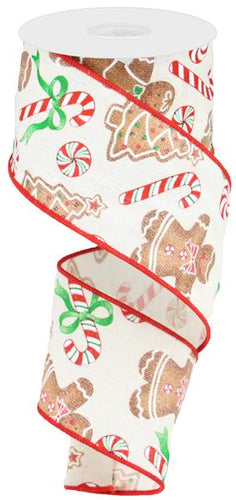 Gingerbread on Cotton Christmas Wired Ribbon : Ivory Red Emerald Green Brown - 2.5 Inches x 10 Yards (30 Feet)