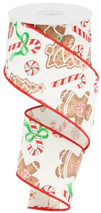 Gingerbread on Cotton Christmas Wired Ribbon : Ivory Red Emerald Green Brown - 2.5 Inches x 10 Yards (30 Feet)