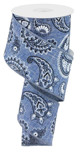 Bandana Canvas Wired Ribbon : Denim Blue - 2.5 Inches x 10 Yards (30 Feet)