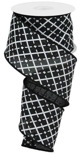 Glittered Argyle Wired Ribbon : Black White  - 2.5 Inches x 10 Yards (30 Feet)