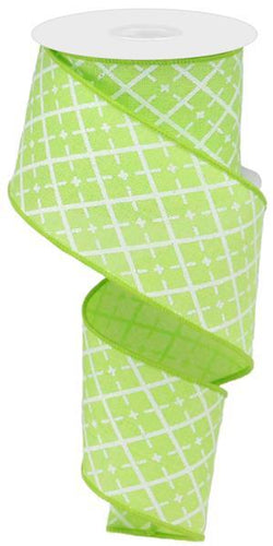 Glittered Argyle Wired Ribbon : Bright Lime Green, White, Silver - 2.5 Inches x 10 Yards (30 Feet)