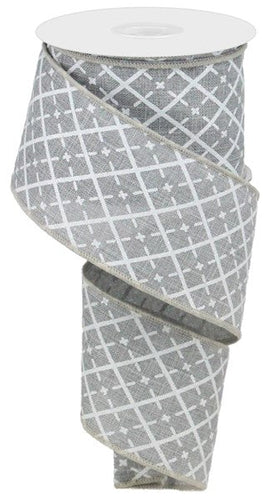 Glittered Argyle Wired Ribbon : Light Grey Gray, Silver, White - 2.5 Inches x 10 Yards (30 Feet)