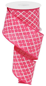 Glittered Argyle Wired Ribbon : Hot Pink, Silver, White - 2.5 Inches x 10 Yards (30 Feet)