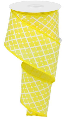 Glittered Argyle Wired Ribbon : Yellow White Silver - 2.5 Inches x 10 Yards (30 Feet)