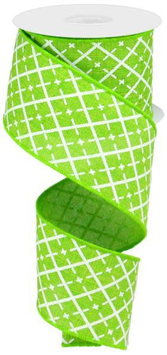 Glittered Argyle Wired Ribbon : Fresh Green White Silver - 2.5 Inches x 10 Yards (30 Feet)