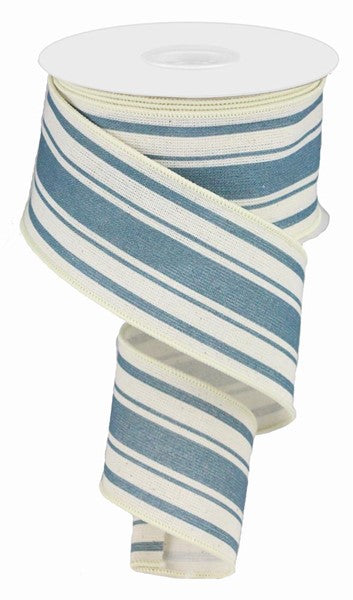 Farmhouse Stripe Cotton Wired Ribbon : Ivory, Farmhouse Blue - 2.5 Inches x 10 Yards (30 Feet)