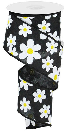 Daisy Print Wired Ribbon : Black - 2.5 Inches x 10 Yards (30 Feet)