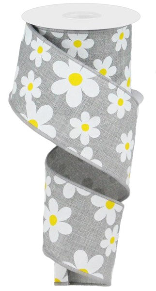 Daisy Print Wired Ribbon : Light Grey Gray - 2.5 Inches x 10 Yards (30 Feet)