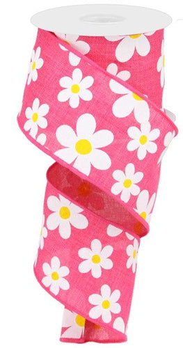 Daisy Print Wired Ribbon : Hot Pink (10 Yards (30 Feet)