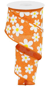 Daisy Print Wired Ribbon : Orange (2.5 Inches x 10 Yards (30 Feet)