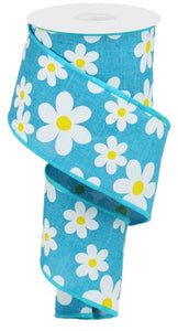 Daisy Print Wired Ribbon : Tuquoise Blue (2.5 Inches x 10 Yards (30 Feet)