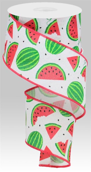Watermelon Slices Canvas Wired Ribbon : White - 2.5 Inches x 10 Yards (30 Feet)