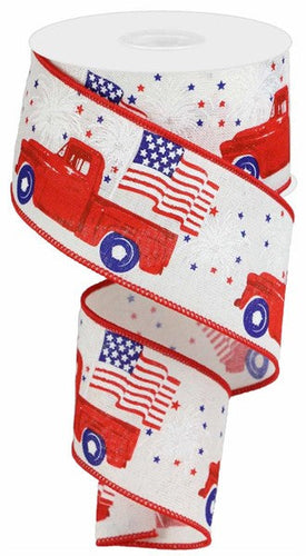 Red Vintage Patriotic Truck Wired Ribbon - Ivory - 2.5 Inches x 10 Yards (30 Feet)