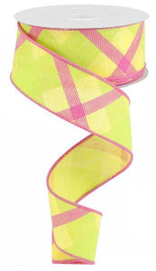 Plaid Canvas Wired Ribbon : Yellow, Lime Green, Hot Pink - 1.5 Inches x 100 Feet (33.3 Yards)