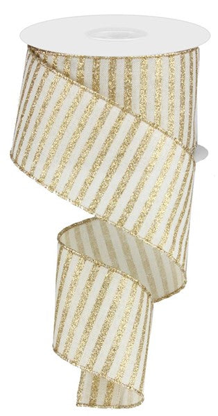 Glitter Stripe Wired Ribbon : Cream Ivory Gold - 2.5 Inches x 100 Feet (33.3 Yards)