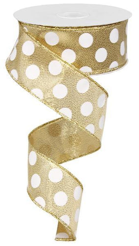 Polka Dot Wired Ribbon : Gold White - 1.5 Inches x 50 Yards (150 Feet)