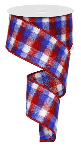 Flannel Mini Check Plaid Wired Ribbon : Red White Blue - 2.5 Inches x 50 yards (150 Feet)