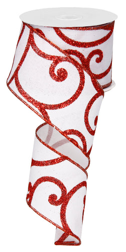 Bold Scroll Christmas Wired Ribbon : Red White - 2.5 Inches x 50 Yards (150 Feet)