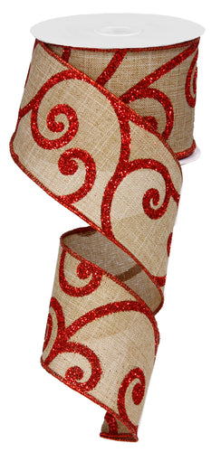 Bold Scroll Christmas Wired Ribbon : Red Beige Natural - 2.5 Inches x 50 Yards (150 Feet)