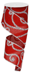 Glitter Swirl Christmas Wired Edge Ribbon (Red, Silver) - 2.5 inches x 50 yards (150 Feet)