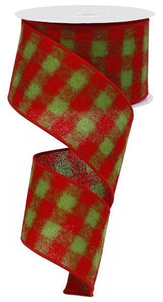 Fuzzy Flannel Check, Red/Lime Green Wired Ribbon, - 2.5 inches x 50 yards (150 Feet)