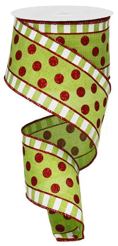 Lime Red White Dot Wired Ribbon - 2.5 inches x 50 yards (150 Feet)