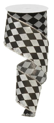 Harlequin Wired Ribbon : Silver Black Diamond - 2.5 Inches x 50 Yards (150 Feet)