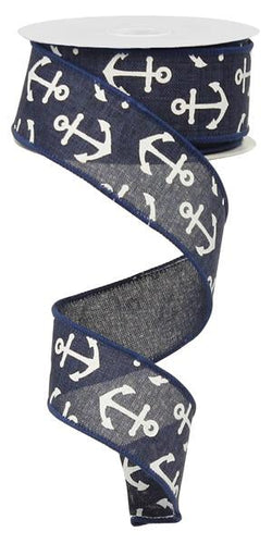 Anchor Wired Ribbon : Navy Blue White - 1.5 Inches X 50 Yards (150 Feet)