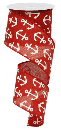 Anchor Wired Ribbon : Red White - 2.5 Inches X 50 Yards (150 Feet)