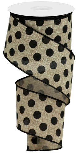 Medium Polka Dot Burlap Wired Ribbon : Beige Natural Black - 2.5 Inches x 50 Yards (150 Feet)