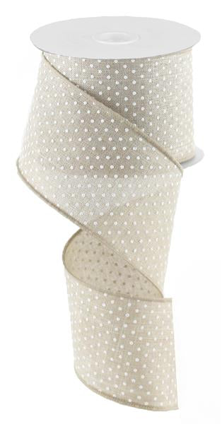 Raised Swiss Polka Dots Wired Ribbon : Natural Beige White - 2.5 Inches x 50 Yards (150 Feet)