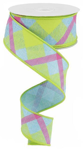 Blue, Lime Green, Hot Pink Plaid Canvas Wired Ribbon - 1.5 Inches x 50 Yards (150 Feet)