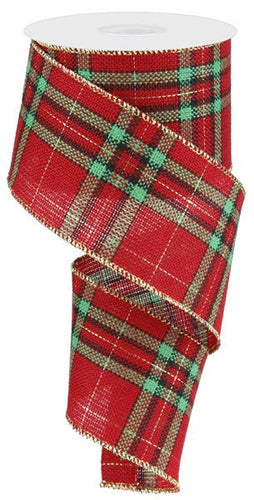 Woven Plaid Wired Ribbon : Red Green Black Gold - 2.5 inches x 50 yards (150 Feet)