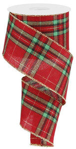 Woven Plaid Wired Ribbon : Red Green Black Gold - 2.5 inches x 50 yards (150 Feet)