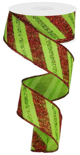 Christmas Diagonal Glitter Stripe Royal Canvas Wired Ribbon  - 1.5 inches x 50 yards (150 Feet)