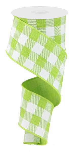 Plaid Check Wired Ribbon : Lime Green White - 2.5 Inches x 50 Yards (150 Feet)