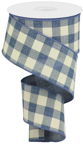 Plaid Check Wired Ribbon : Faded Denim Blue Ivory - 2.5 Inches x 50 Yards (150 Feet)